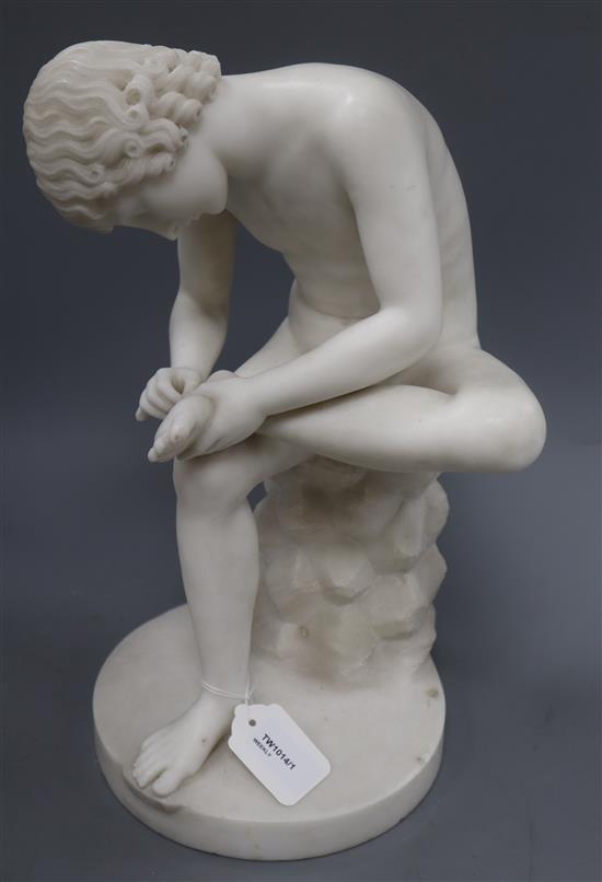 After the Antique, a white marble figure of The Spinario (Boy with Thorn), H 37cm